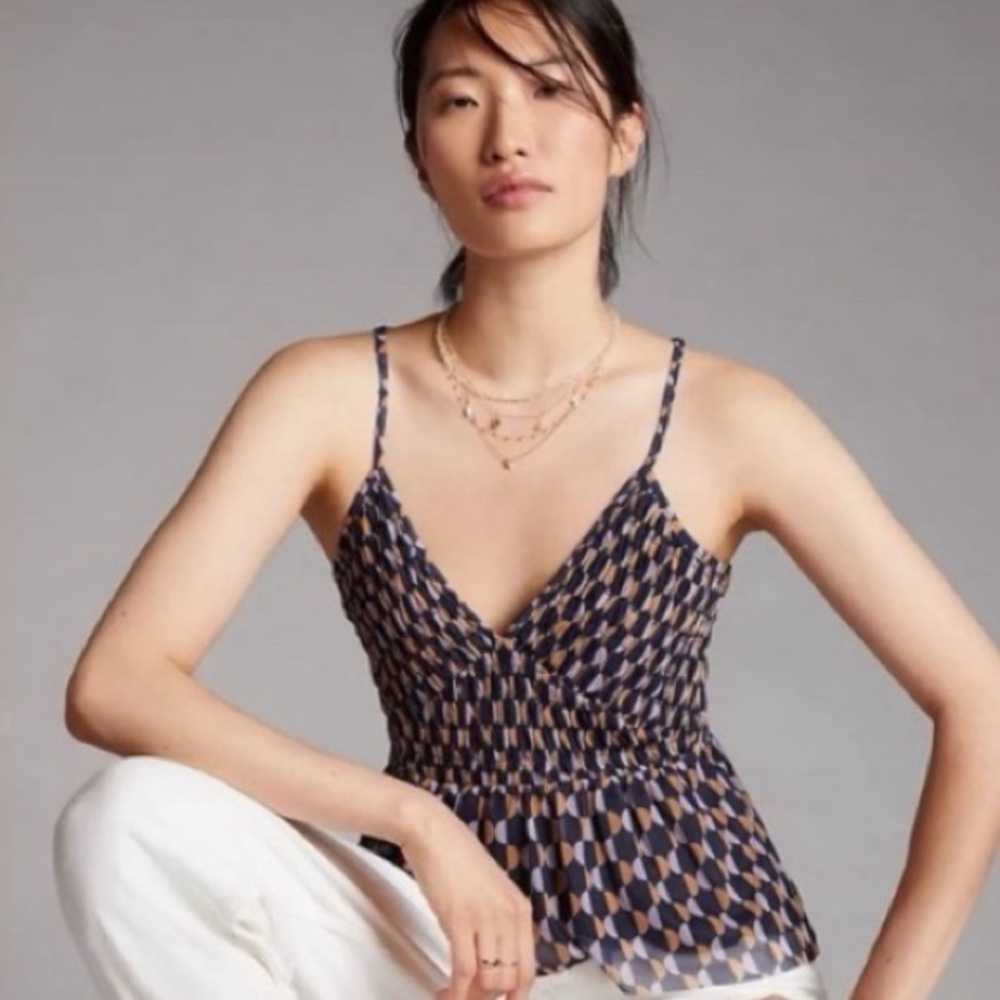 Anthropologie Geometric Smocked V Neck Top